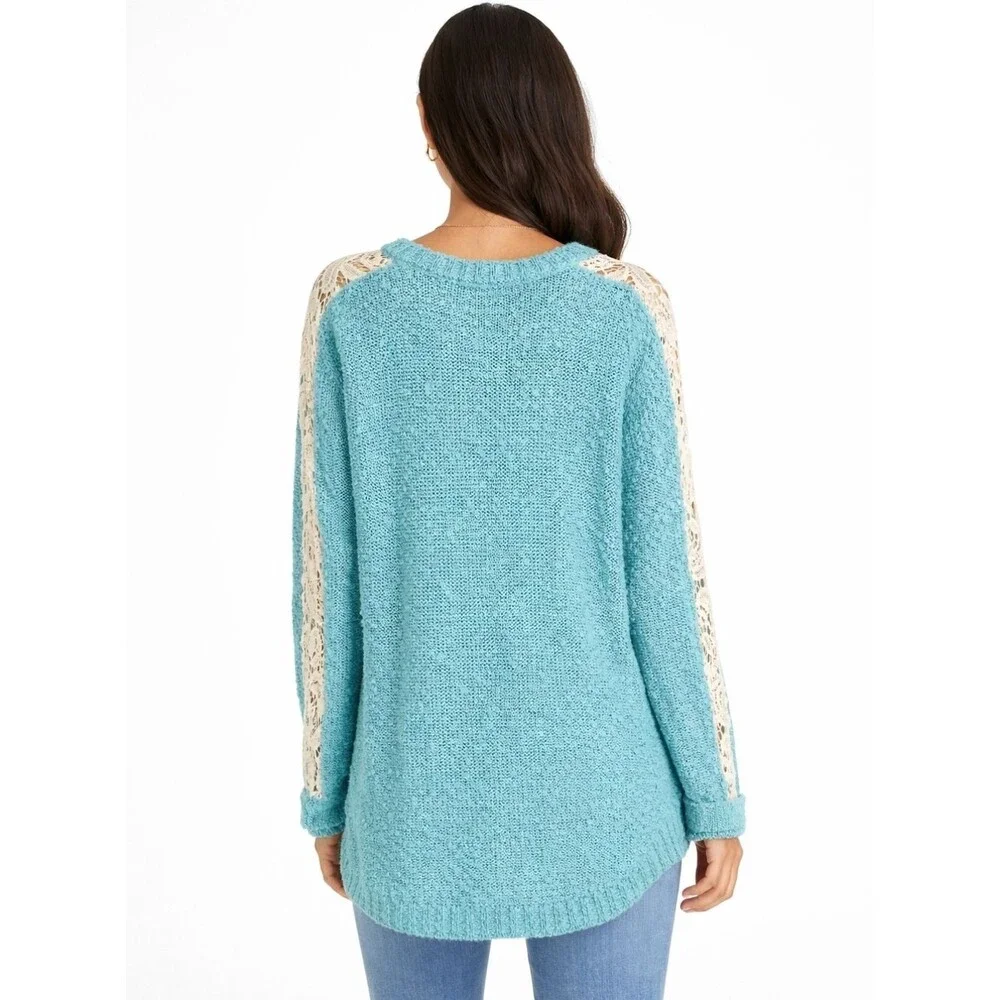 Hayden Los Angeles Aqua Blue/Green Crochet Sweater With Lace Details - NWT